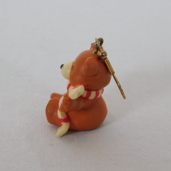 Teddy Bear Earrings Wearing Candy Cane Scarf Christmas Vintage Small Resin Brown - Picture 8 of 12